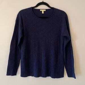 Eileen Fisher Navy Blue Rib Crewneck Pullover Sweater Linen Cotton Large Petite